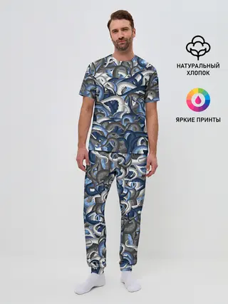 Мужская пижама с брюками / Синий камуфляж с щупальцами