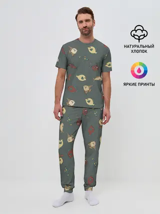Мужская пижама с брюками / Морские рыбки на зеленом фоне