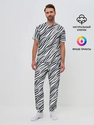 Мужская пижама с брюками / Черно-белый полосатый тигровый