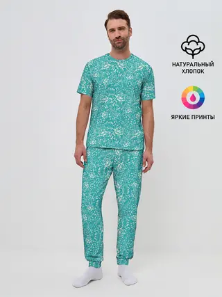 Мужская пижама с брюками / Хохломские узоры. Бирюза.