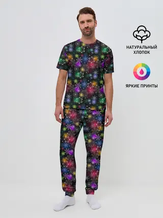 Мужская пижама с брюками / Снежинки в разных цветах