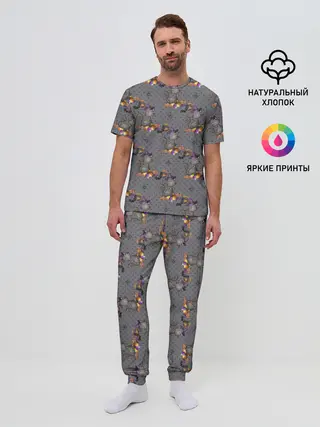 Мужская пижама с брюками / Кот с тыквой хэллоуин