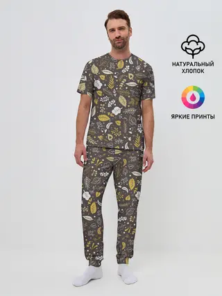 Мужская пижама с брюками / Осенние листья и ягодки