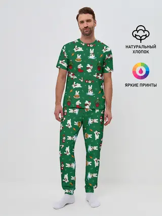 Мужская пижама с брюками / Новогодний паттерн с зайчиками