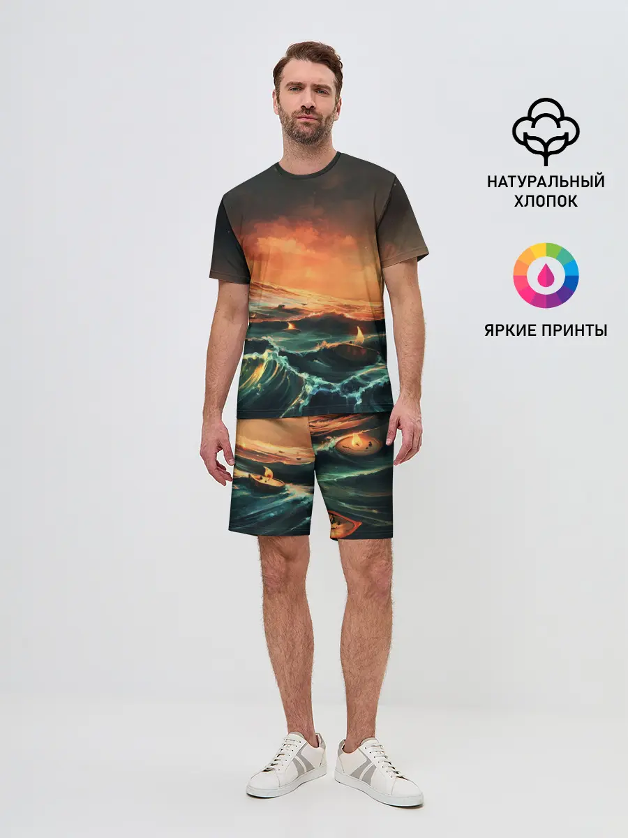 Мужской костюм с шортами / Фэнтези море корабли закат