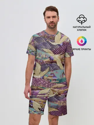 Мужской костюм с шортами / Японская вышивка с журавлями