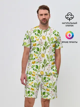 Мужской костюм с шортами / Летний узор лимон ветки листья