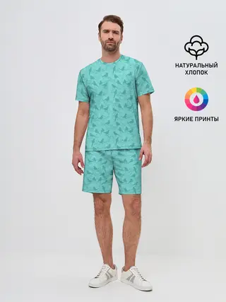 Мужской костюм с шортами / Зеленые птицы летний узор