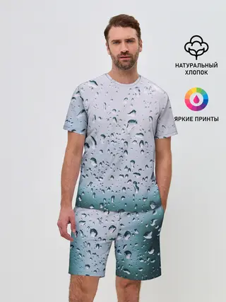 Мужской костюм с шортами / Капли окно стекло дождь серо