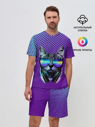Мужской костюм с шортами / Кот очки наушники модный
