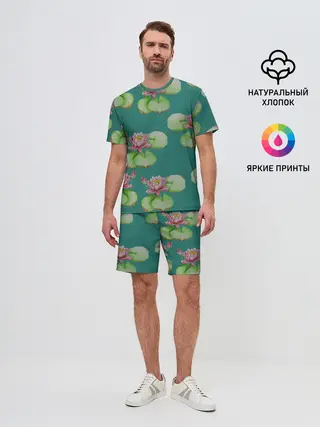 Мужской костюм с шортами / Лотосы на темно бирюзовом фоне