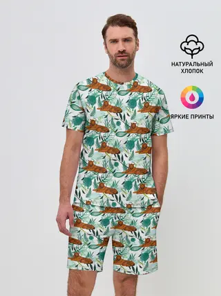 Мужской костюм с шортами / Цветы и Тигр Паттерн