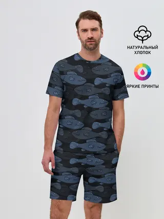 Мужской костюм с шортами / Синие рыбы на темном фоне