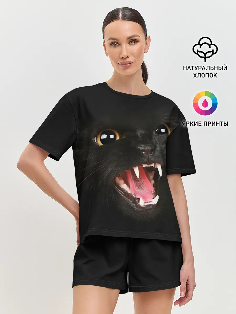 Женская пижама с шортами / Черный кот