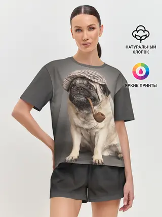 Женская пижама с шортами / Мопс в кепке