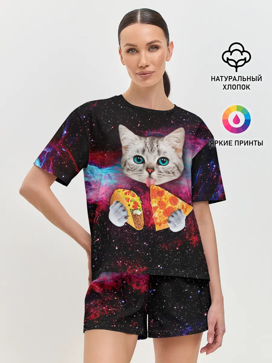 Женская пижама с шортами / Кот с едой
