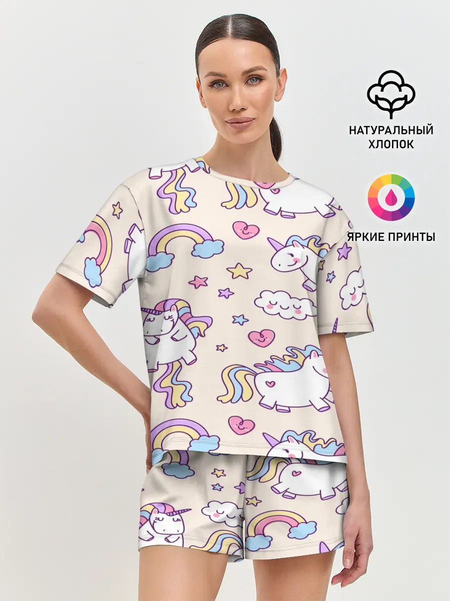 Женская пижама с шортами / Радужные Единорожки
