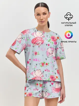 Женская пижама с шортами / Свинки-балеринки