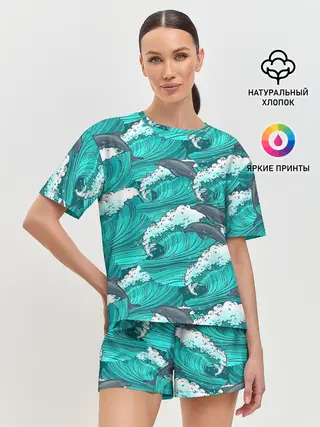 Женская пижама с шортами / Дельфины