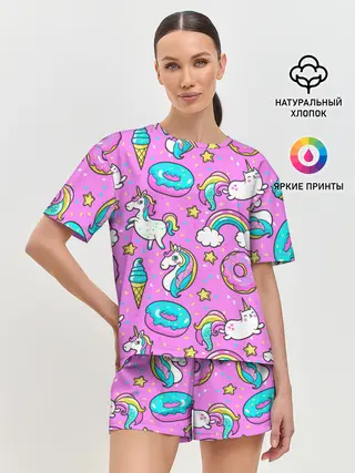 Женская пижама с шортами / Котики и Единороги