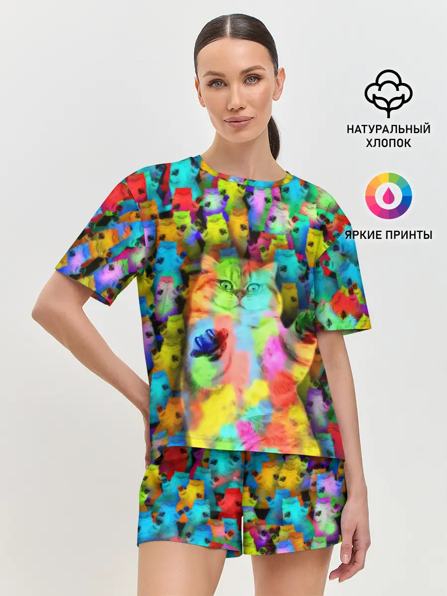 Женская пижама с шортами / Котики на дискотеке