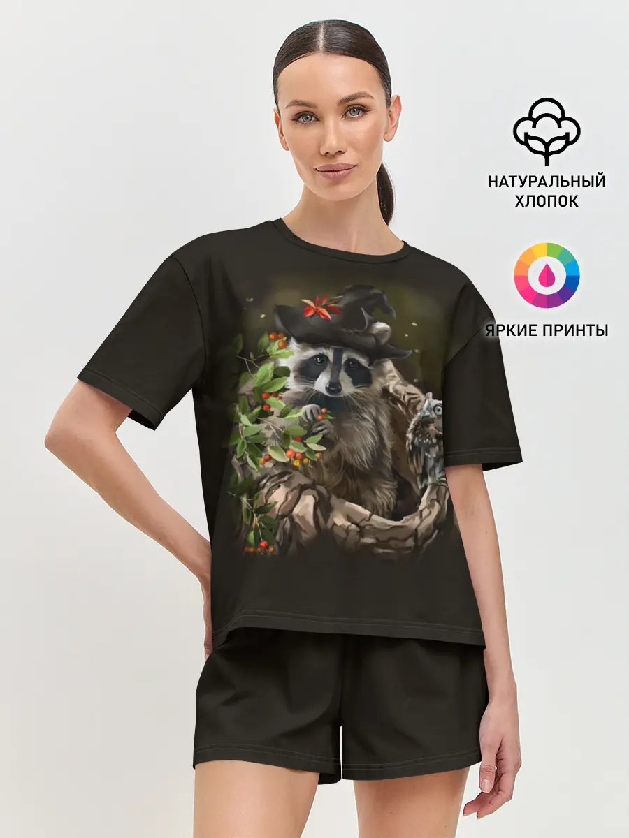 Женская пижама с шортами / Енот и сова
