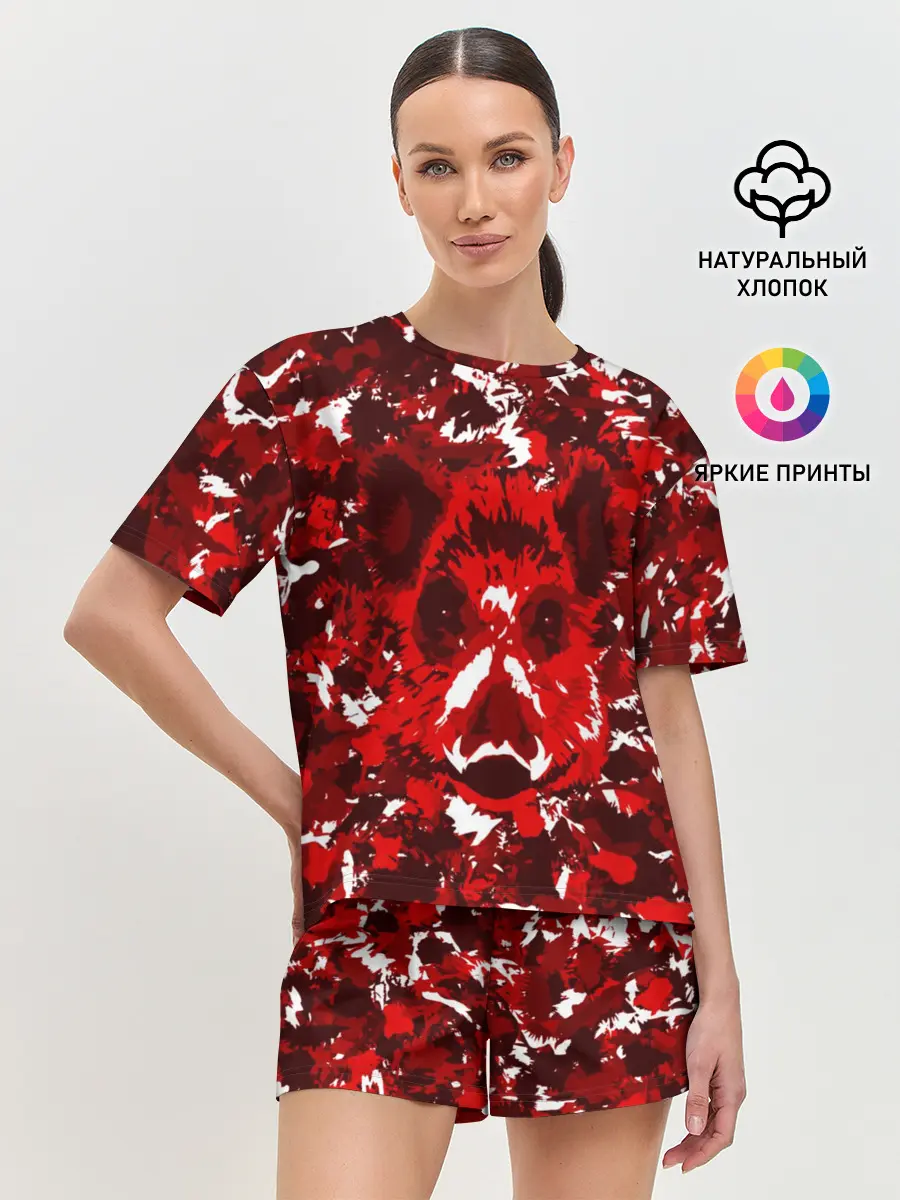 Женская пижама с шортами / Краснобелый камуфляж с кабаном