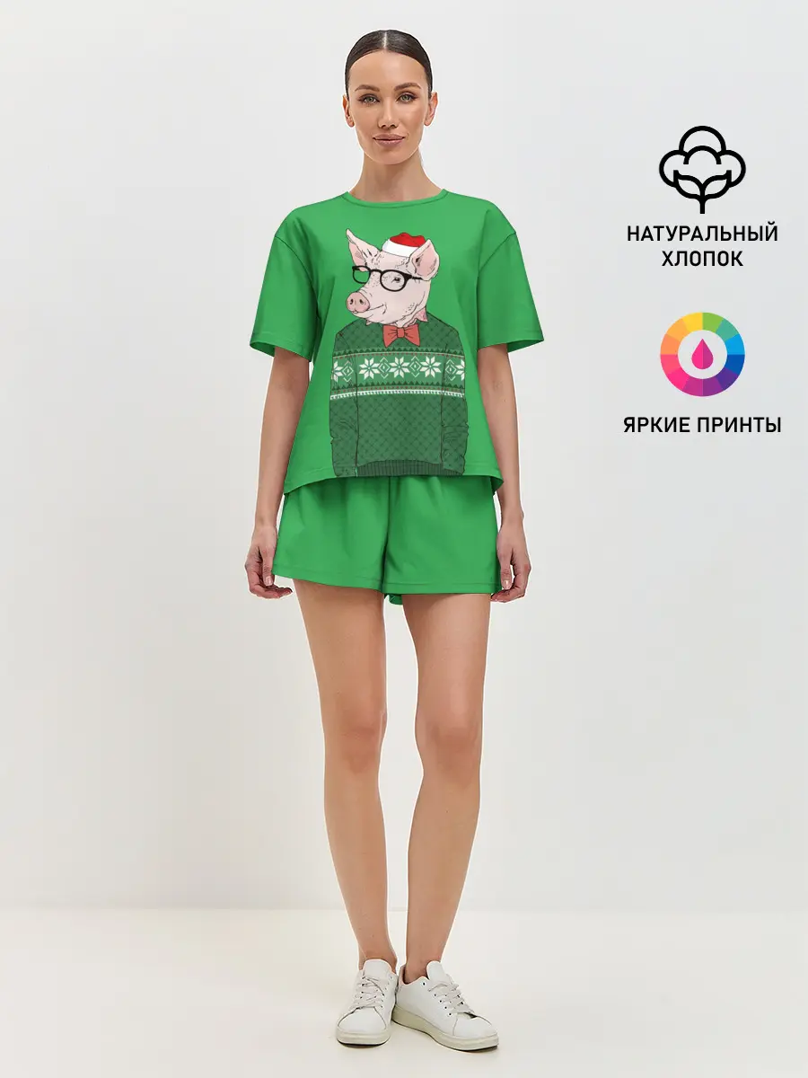 Женская пижама с шортами / New Year Hipster Pig