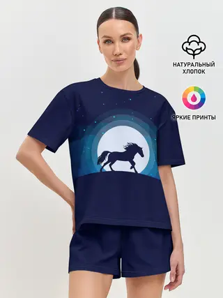 Женская пижама с шортами / Лошадь под луной
