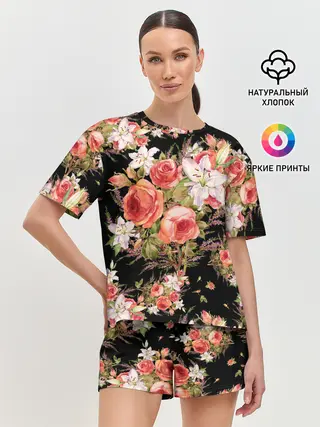 Женская пижама с шортами / Лилии и розы