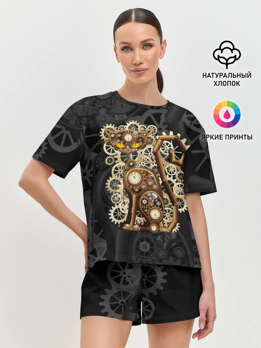 Женская пижама с шортами / Кошка в стиле стимпанк