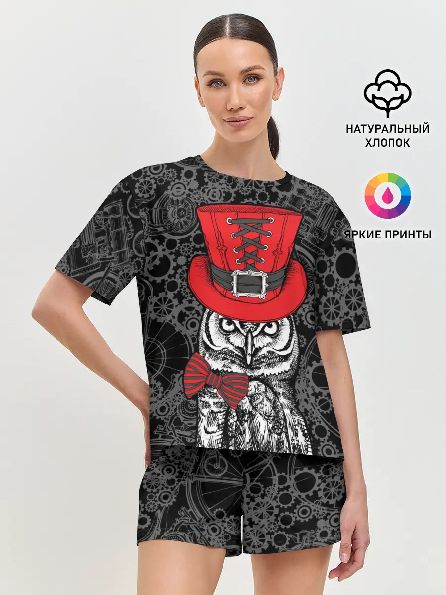 Женская пижама с шортами / Сова в цилиндре