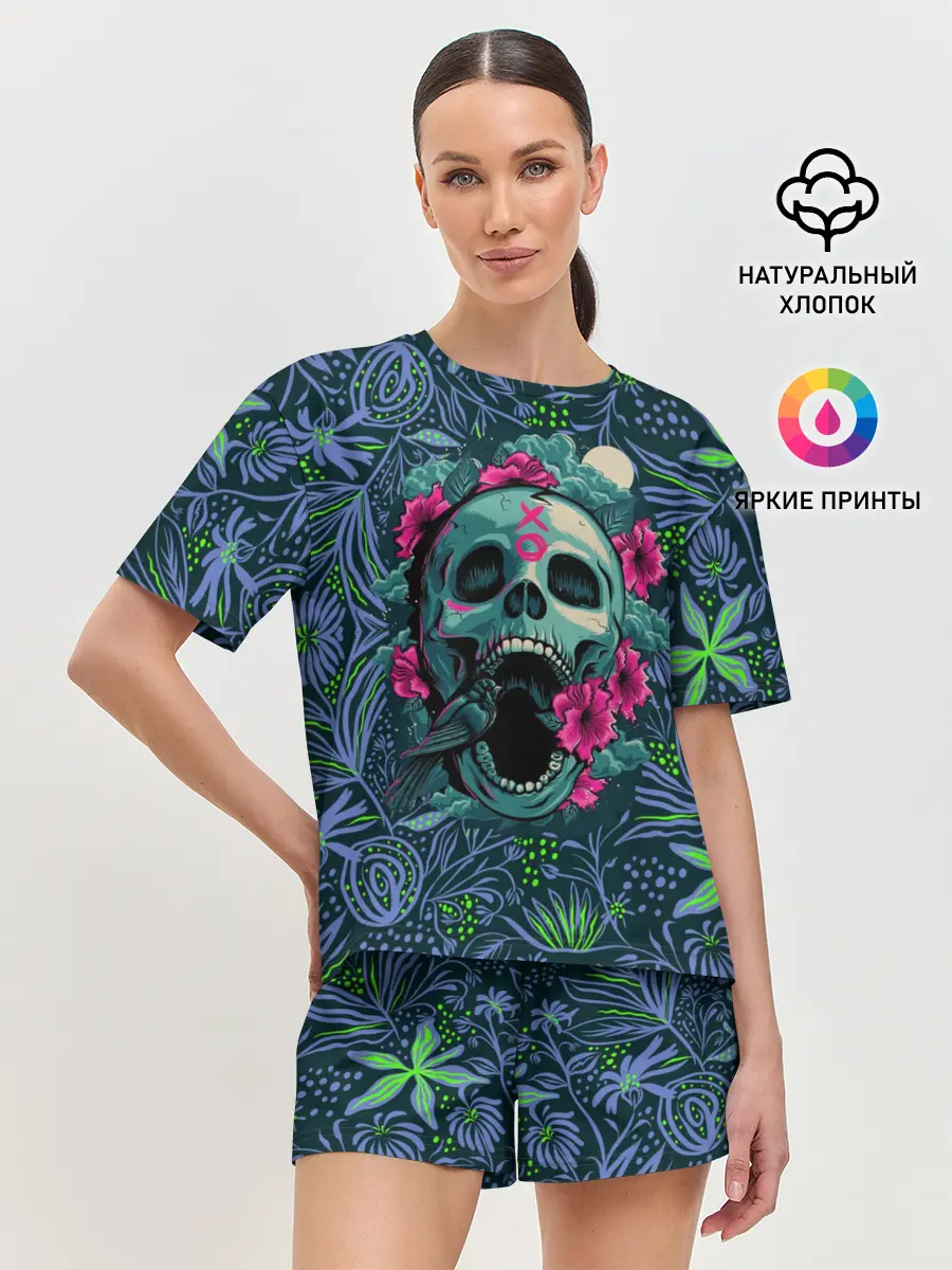 Женская пижама с шортами / Череп В Цветах