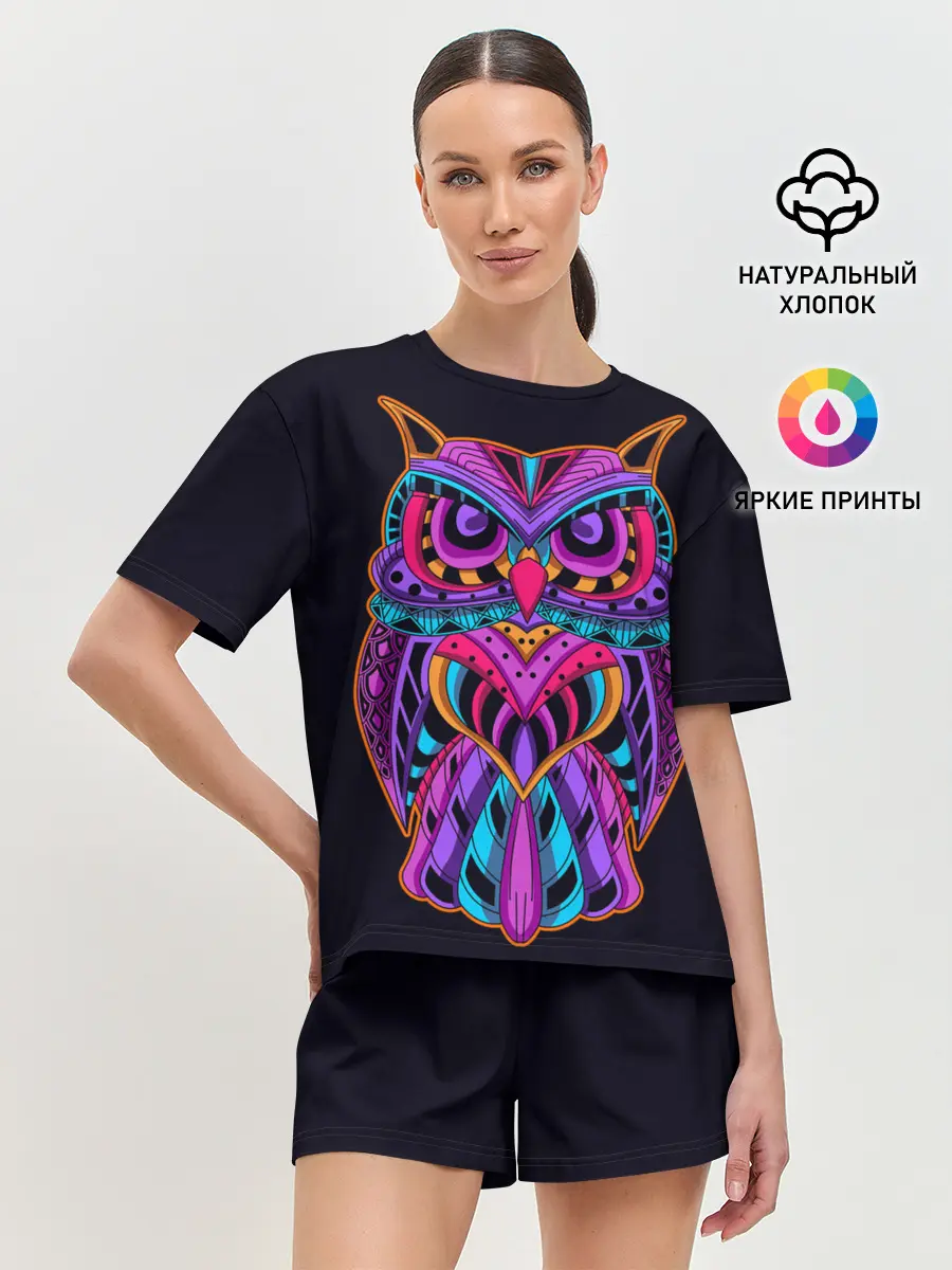 Женская пижама с шортами / Неоновая ястребиная сова
