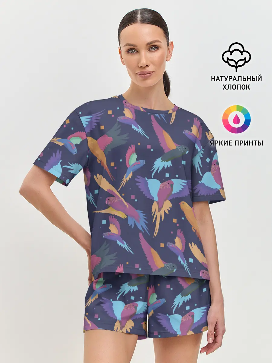 Женская пижама с шортами / Райские попугаи