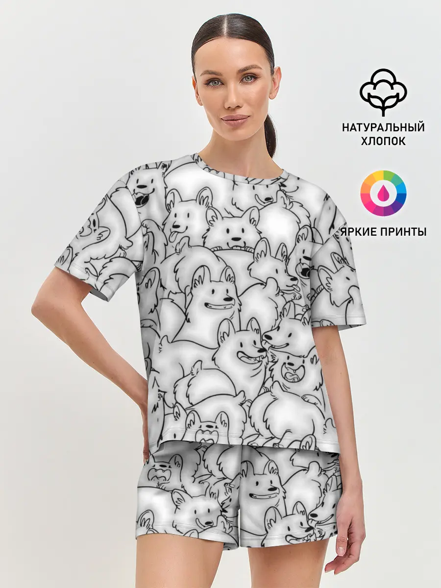 Женская пижама с шортами / Корги ЧБ