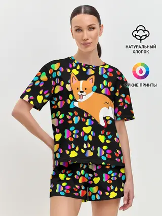 Женская пижама с шортами / Корги | Цветные лапки