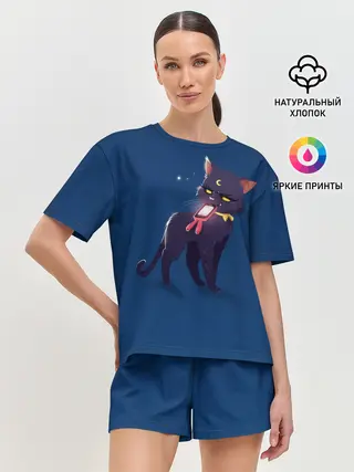 Женская пижама с шортами / КИСА С ТЕЛЕФОНОМ