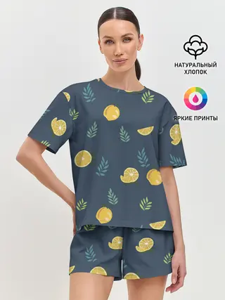Женская пижама с шортами / Лимонный узор