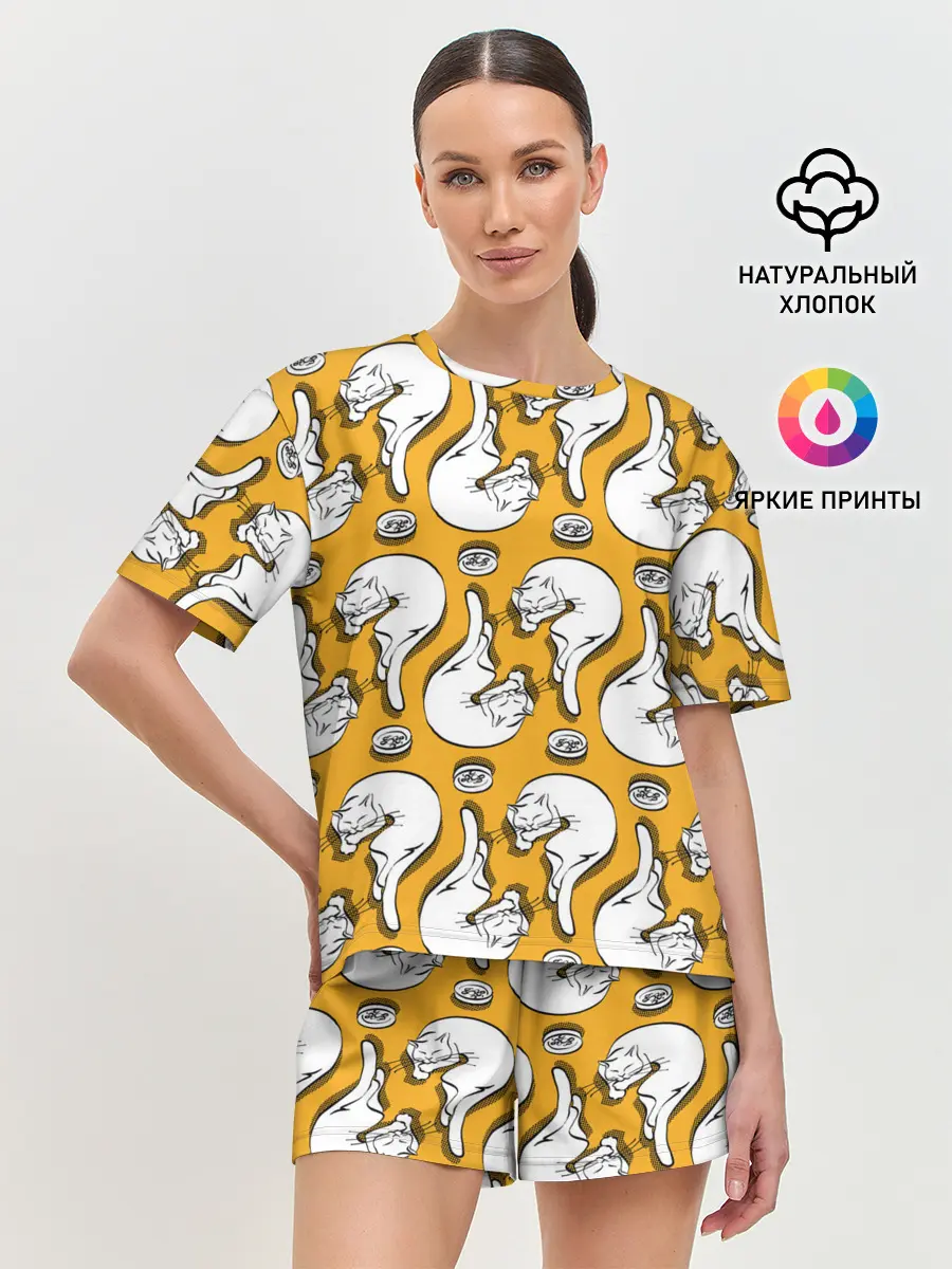 Женская пижама с шортами / Белая кошка и корм