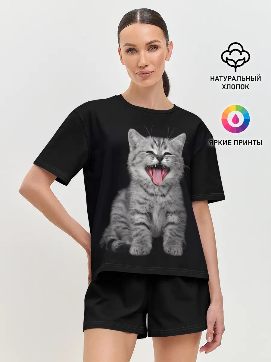 Женская пижама с шортами / Кричащий кот.