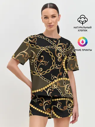 Женская пижама с шортами / Золотая цепь и бусы