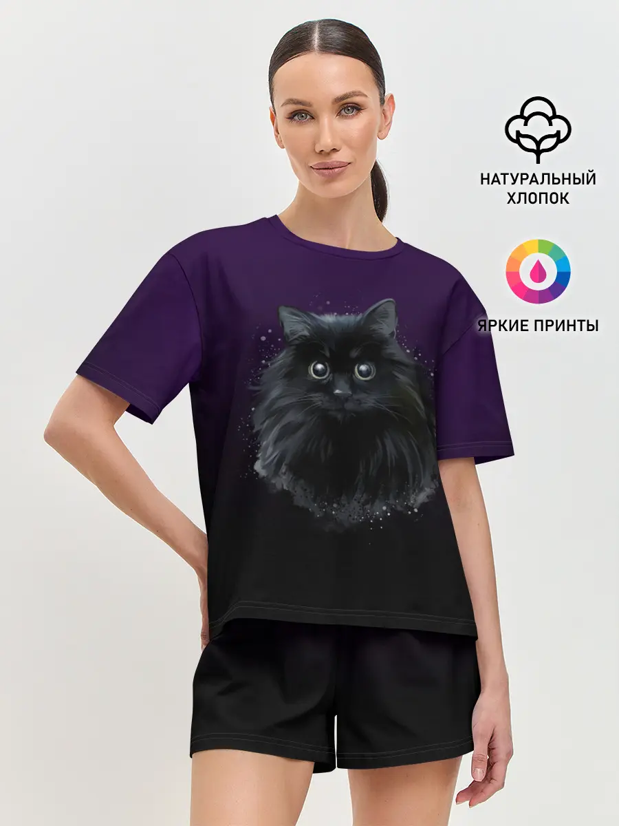 Женская пижама с шортами / черный кот на фиолетовом фоне