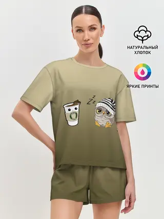 Женская пижама с шортами / сонная сова и кофе идеальное