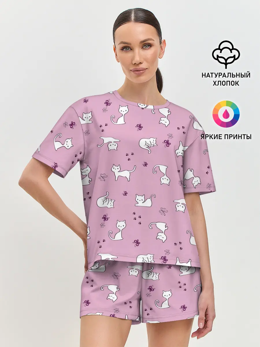 Женская пижама с шортами / Белая кошка