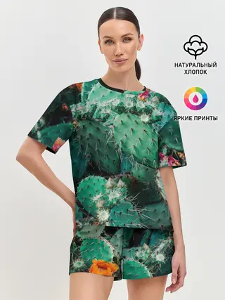 Женская пижама с шортами / кактусы с цветами реализм