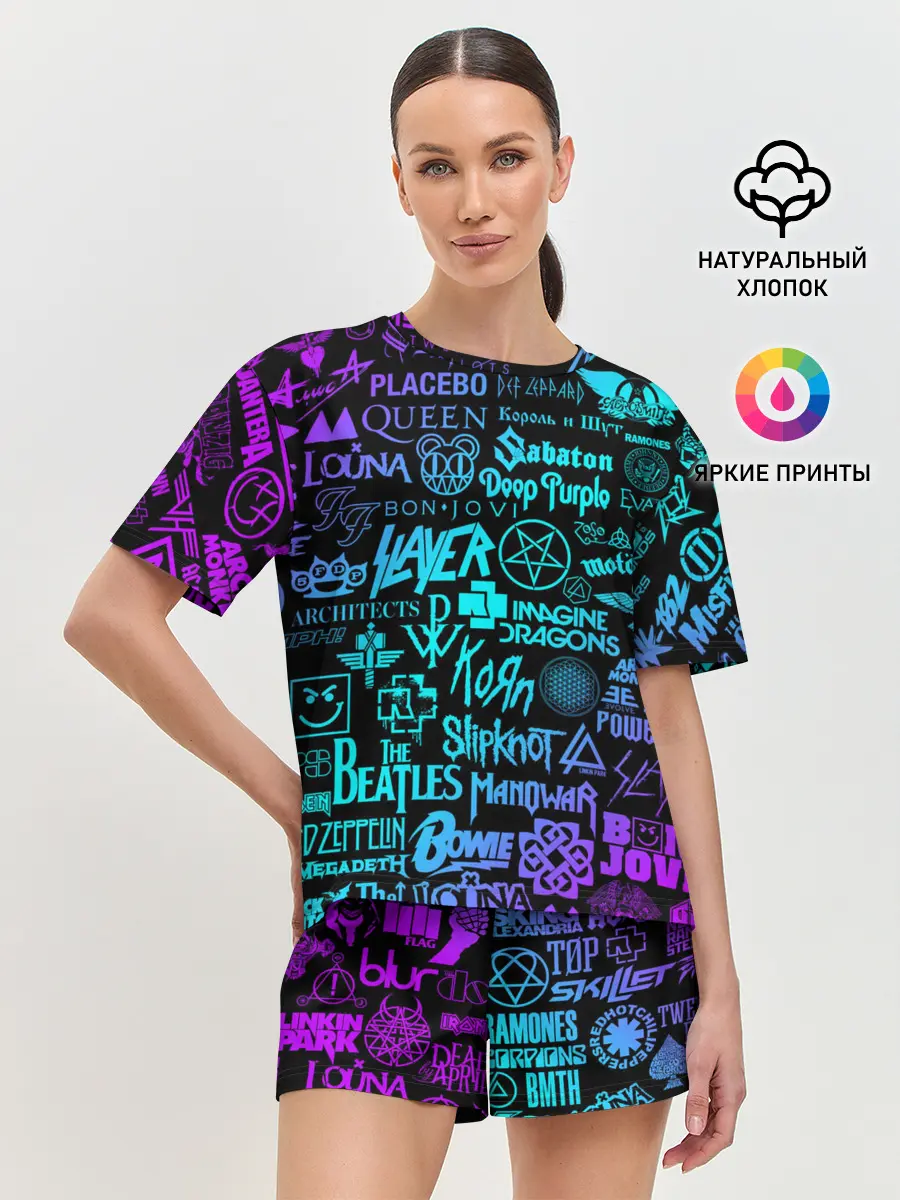 Женская пижама с шортами / ЛОГОТИПЫ РОК ГРУПП НЕОН