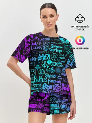 Женская пижама с шортами / ЛОГОТИПЫ РОК ГРУПП НЕОН
