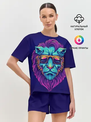 Женская пижама с шортами / Неоновый лев в очках