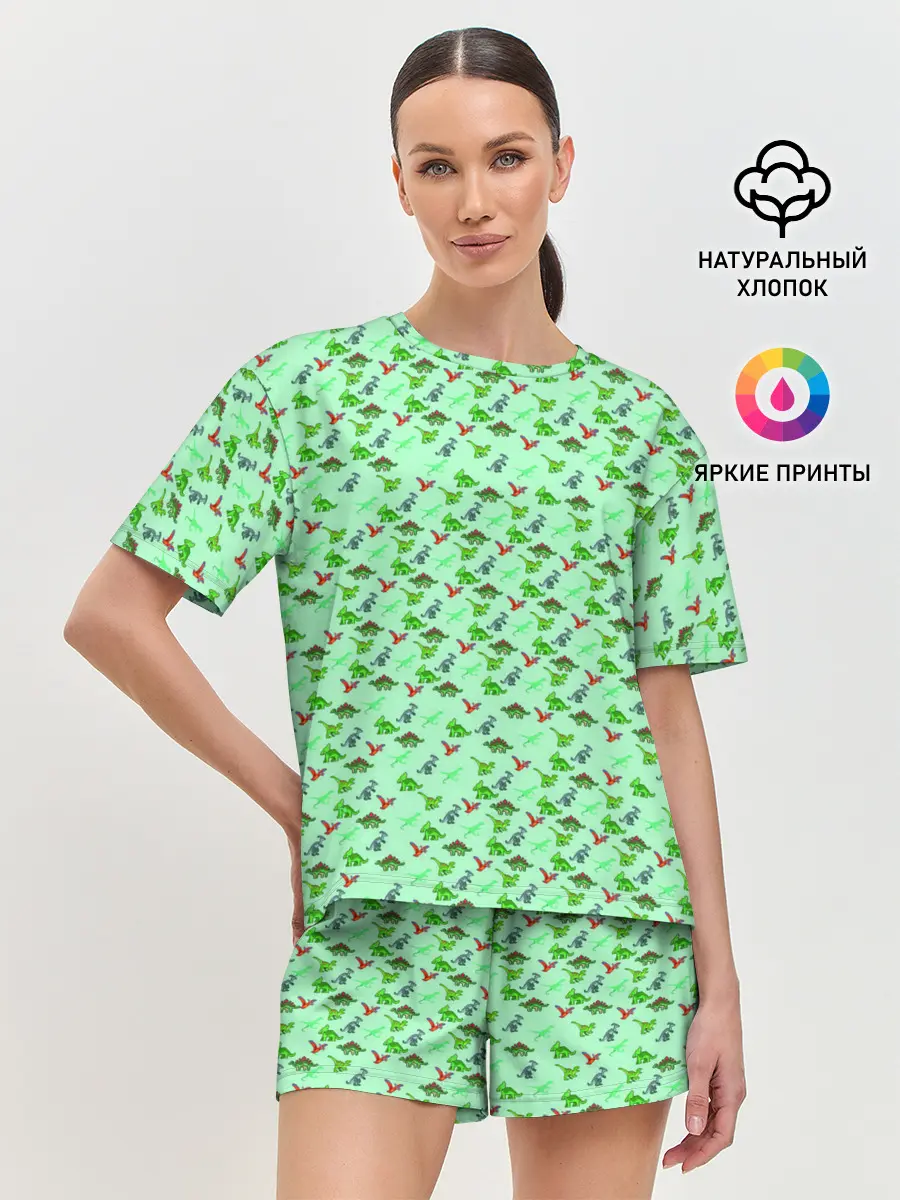Женская пижама с шортами / dinosaurs green
